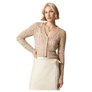 J. Crew Collection Sequin Embellished Pointelle Cardigan Tan Crochet Knit S